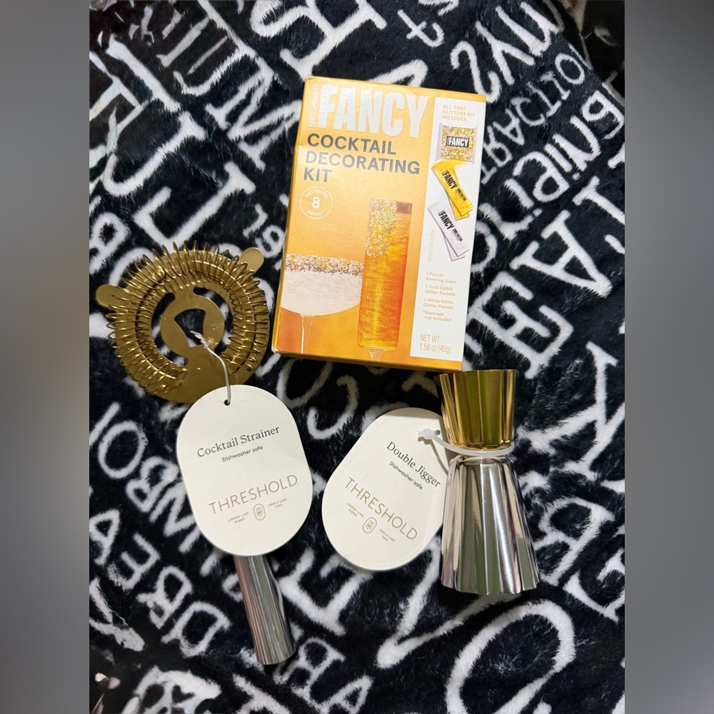Fancy Cocktail Decorating Kit with Gold Cocktail Strainer & Jigger